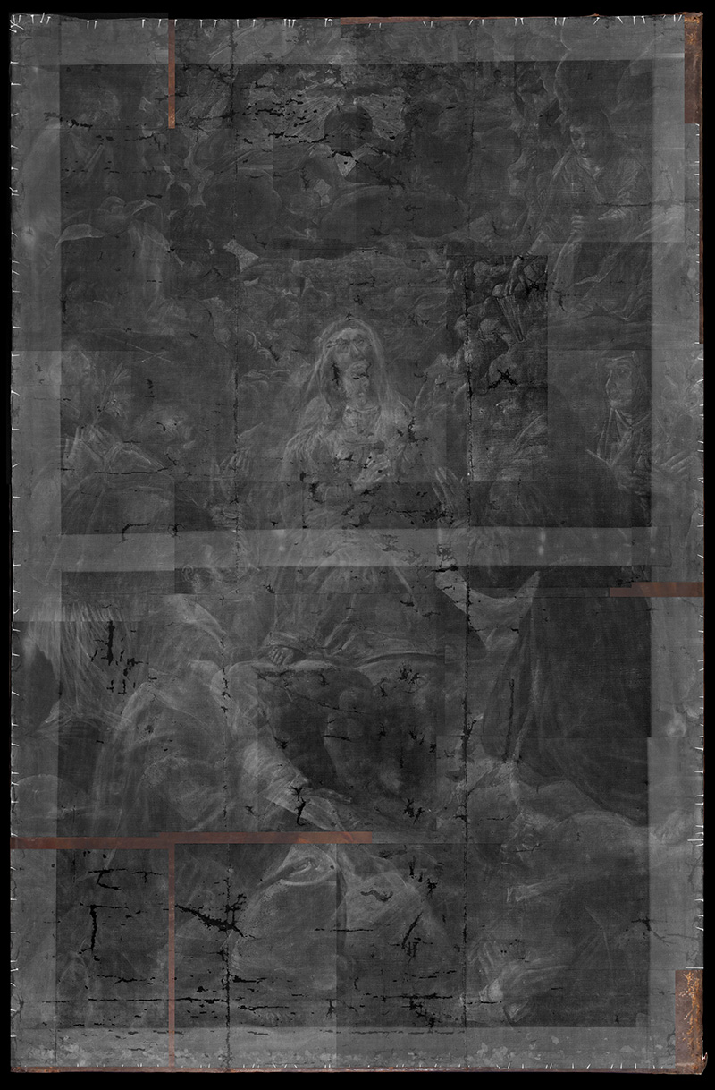 Röntgen-radiográfiás felvétel. A jobb alsó sarokban feltűnik a kép titokzatos megrendelője, az átfestett donátor