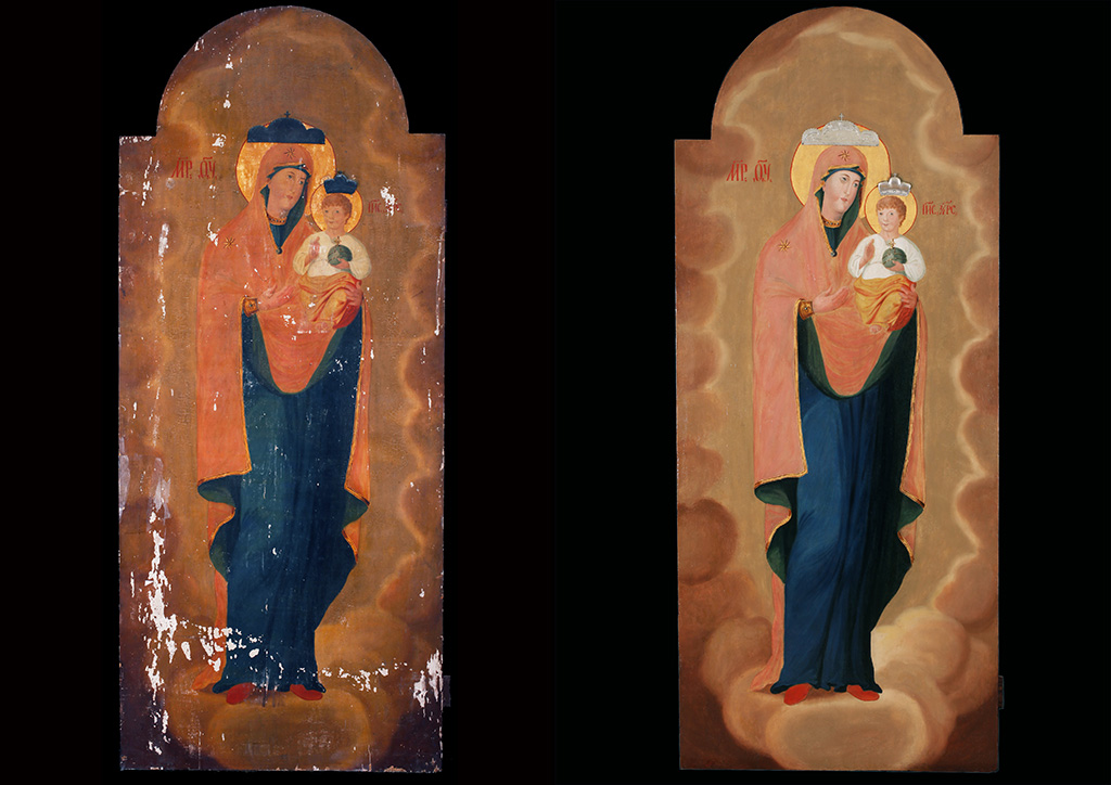 Ismeretlen ikonfestő: Istenszülő a gyermek Jézussal, egykori váci görög ortodox templom ikonosztázának trónusikonja, 19. sz. első fele
