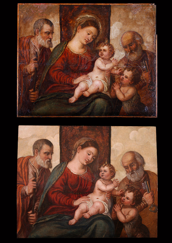 Észak-itáliai (velencei?) festő: Szent család a kis Keresztelő Szt. Jánossal és Szt. Péterrel, 16. sz. közepe