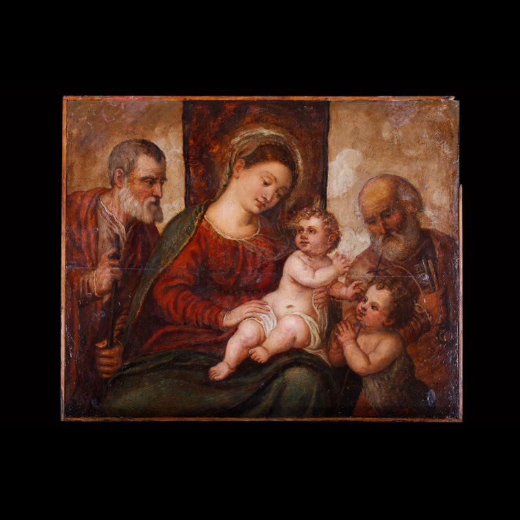 Észak-itáliai (velencei?) festő: Szent Család a kis Keresztelő Szt. Jánossal és Szt. Péterrel, 16. sz. közepe (?)