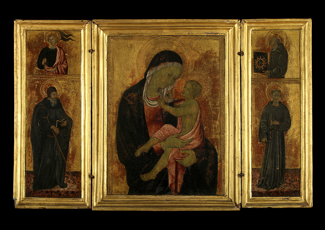 Giovanni di Paolo műhelye: Mária a gyermek Jézussal és szentekkel, triptichon, 1450-60-as évek