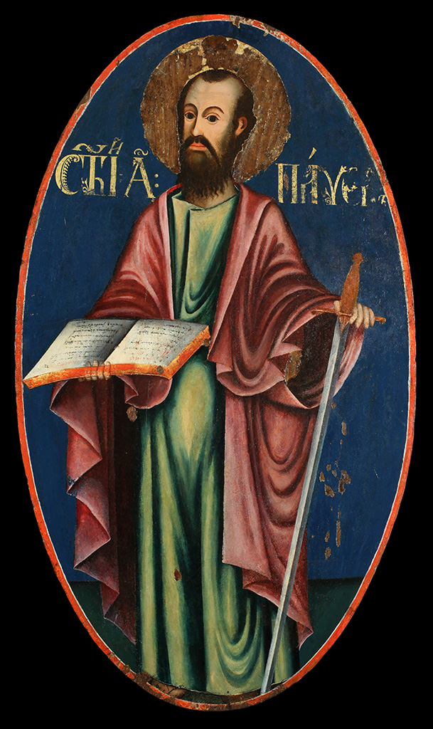 Alsónánai mester műhelye: Szent Pál apostol-ikon Dunaszekcsőről (felső kép, 18. sz. második fele)