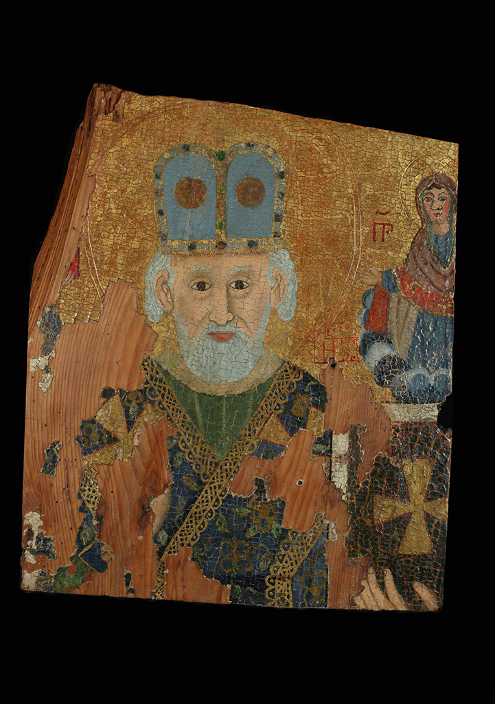 Ismeretlen festő: Csodatévő Szent Miklós ikon Nagydobosról, töredék, 18. sz